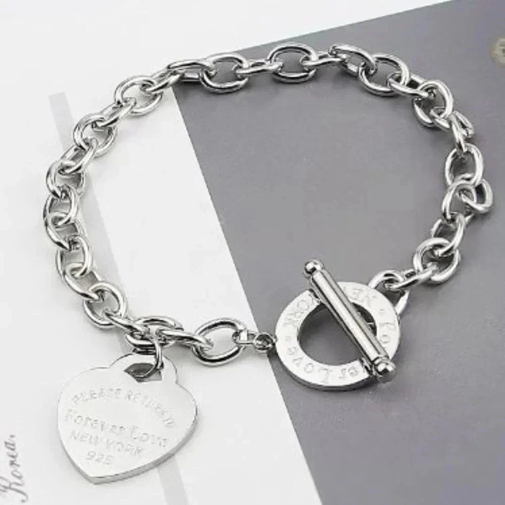 Fashion Heart Charm Silver Stainless  Steel Bracelet - NWOT